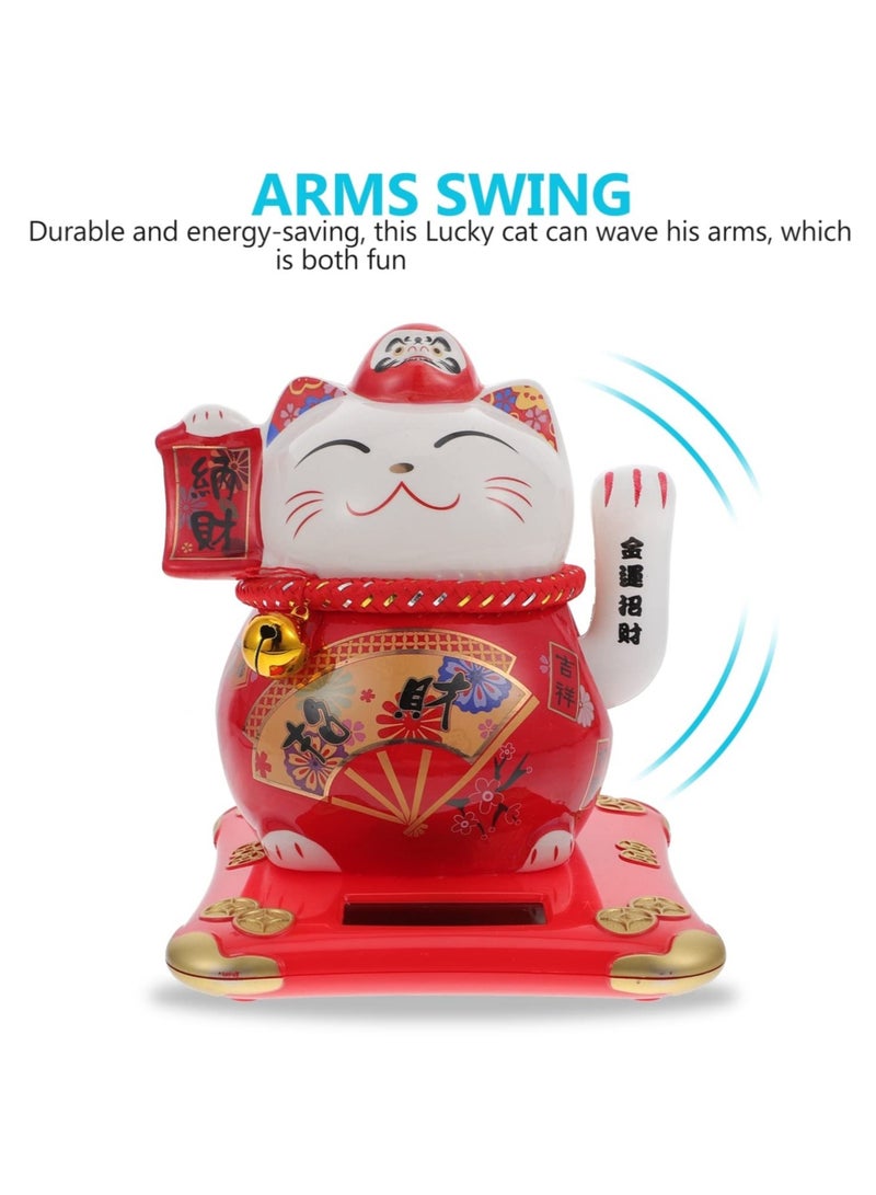 SOLARAE Fortune Cat Solar Powered Miniature Waving Arm Cat Statue Figure Japanese Maneki Neko Lucky Cat Figurines Cute Waving Upright Lucky Fortune Cat Red Chinese Decor - Image 2
