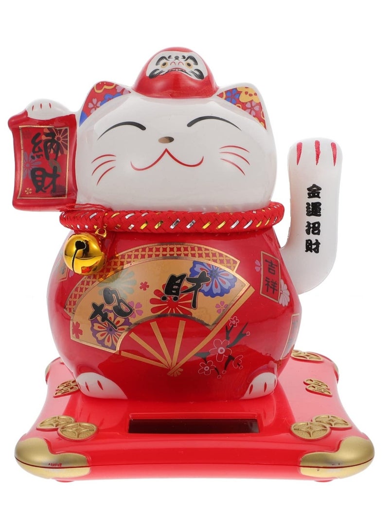 SOLARAE Fortune Cat Solar Powered Miniature Waving Arm Cat Statue Figure Japanese Maneki Neko Lucky Cat Figurines Cute Waving Upright Lucky Fortune Cat Red Chinese Decor - Image 1