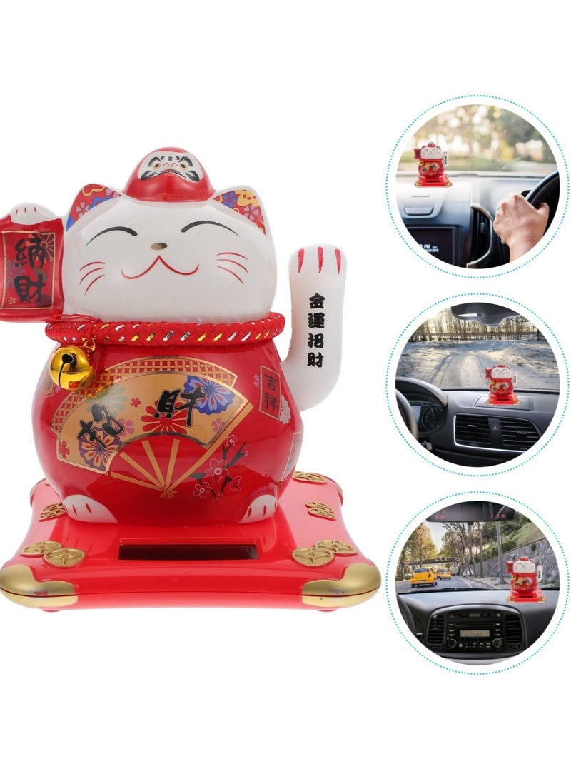 SOLARAE Fortune Cat Solar Powered Miniature Waving Arm Cat Statue Figure Japanese Maneki Neko Lucky Cat Figurines Cute Waving Upright Lucky Fortune Cat Red Chinese Decor - Image 3