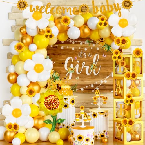 Hombae Sunflower Baby Shower Decorations Baby Shower Decorations Sunflower Themed Balloon Its a Girl Backdrop Welcome Baby Glitter Banner Box Cutouts Cake Topper Daisy Sunflower Gold Yellow - Image 1
