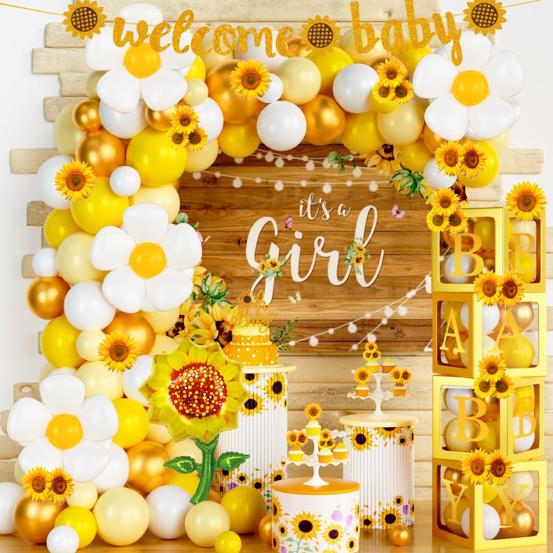 Hombae Sunflower Baby Shower Decorations Baby Shower Decorations Sunflower Themed Balloon Its a Girl Backdrop Welcome Baby Glitter Banner Box Cutouts Cake Topper Daisy Sunflower Gold Yellow - Image 2