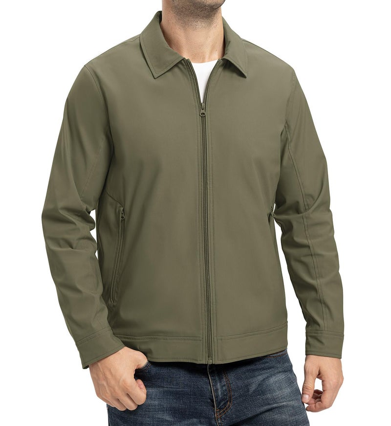 YSENTO Men's Light Jackets Lightweight Bomber Jackets Collared Work Golf Windbreakers with Zip Pockets Army Green L - Image 3