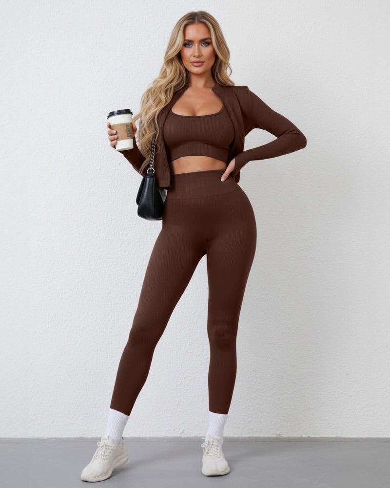 Simlakey Women 3 Piece Seamless Workout Set Sports Bra High Waisted Gym Yoga Leggings Zip Up Jacket with Thumbhole Activewear(Coffee,Medium) - Image 3