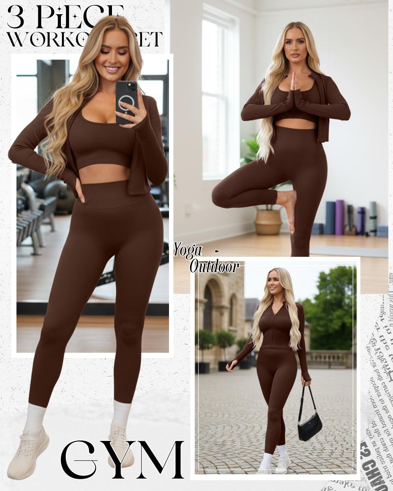 Simlakey Women 3 Piece Seamless Workout Set Sports Bra High Waisted Gym Yoga Leggings Zip Up Jacket with Thumbhole Activewear(Coffee,Medium) - Image 2