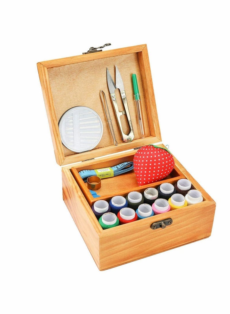 Y&D Sewing Kit Box, Wooden Home Repair Tool Kit, Basket Stitching with Needle, Scissors and Thread Accessories - Image 3