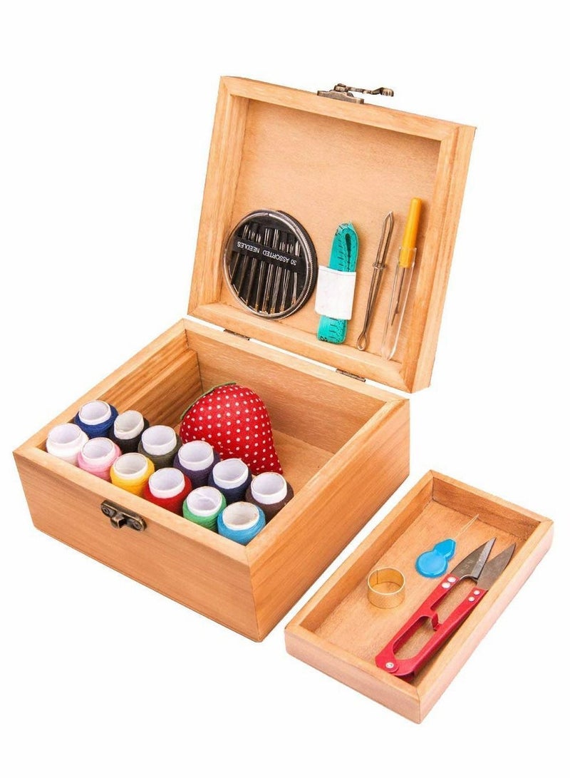 Y&D Sewing Kit Box, Wooden Home Repair Tool Kit, Basket Stitching with Needle, Scissors and Thread Accessories - Image 4