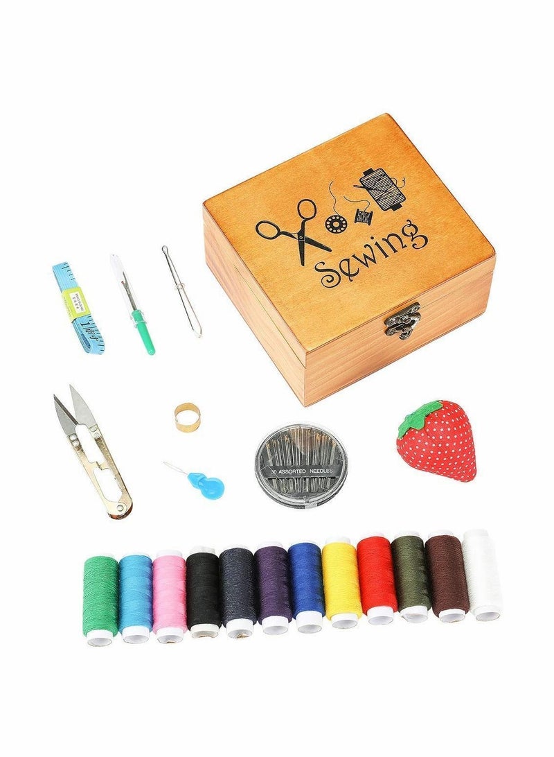 Y&D Sewing Kit Box, Wooden Home Repair Tool Kit, Basket Stitching with Needle, Scissors and Thread Accessories - Image 5