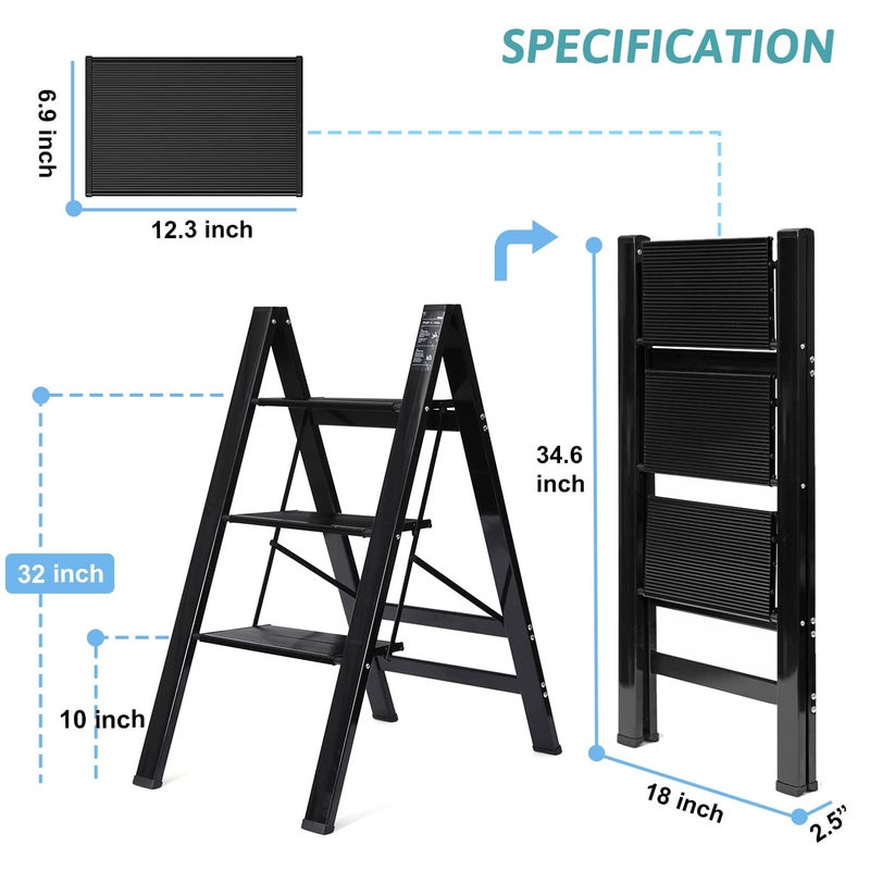Folding Step Ladder 3 Step – Lightweight Aluminum Household Stool – Anti-Slip Safety Steps, Compact Storage, Perfect for Indoor Cleaning, Kitchen, and Décor Tasks - Image 3