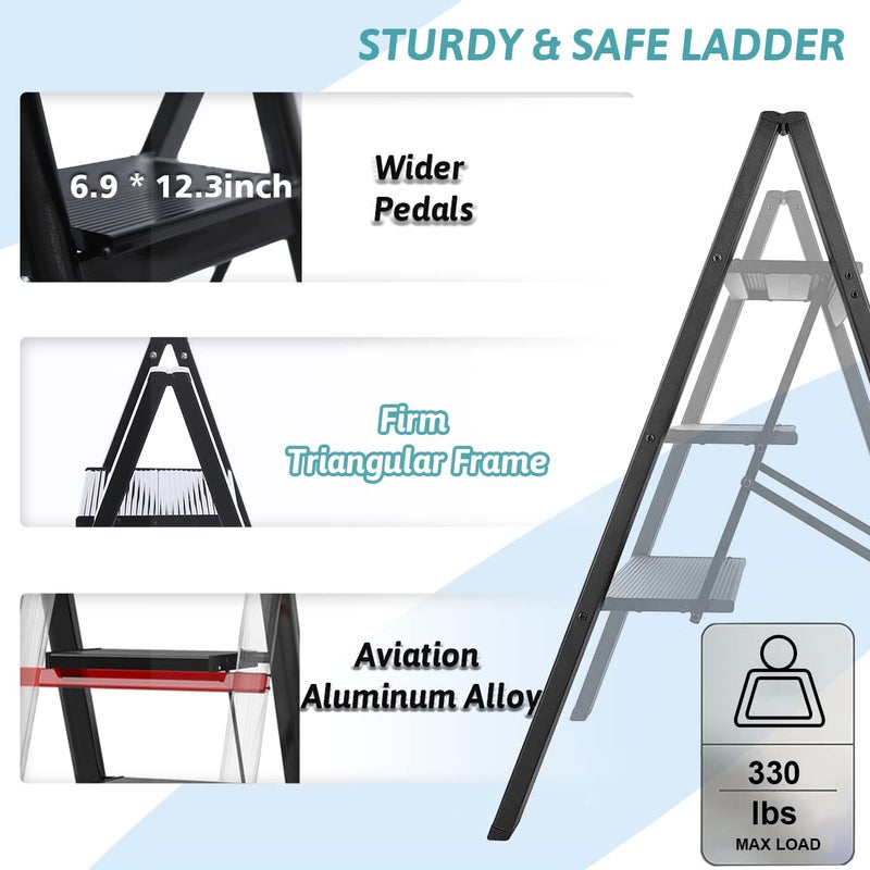 Folding Step Ladder 3 Step – Lightweight Aluminum Household Stool – Anti-Slip Safety Steps, Compact Storage, Perfect for Indoor Cleaning, Kitchen, and Décor Tasks - Image 1