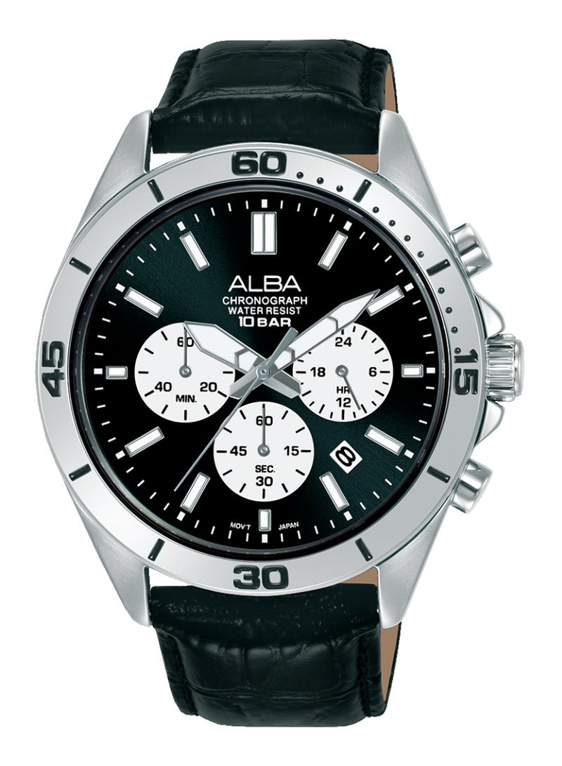 Active Chronograph Men’s Watch AT3K87X1, 43 mm Black Dial, Stainless Steel Case, Leather Strap, 100 m WR