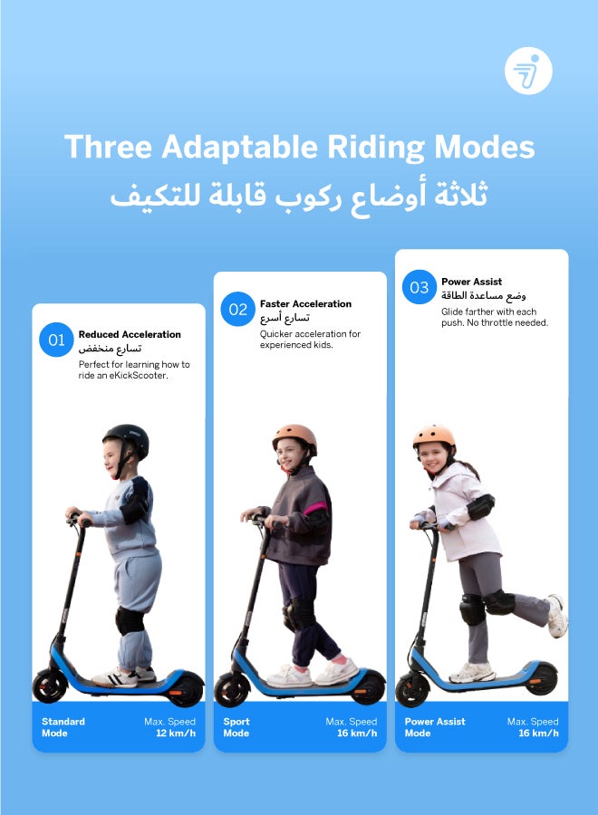 ninebot Segway C2 Lite Kids Electric Scooter, Three Speed Modes 16 km/h Fast Scooter, 9 km Long Range & 130W Powerful Motor, RGB Light Effects, For 6 – 10 Years Old, 50 kg Rider Limit Kids Scooter - Image 4