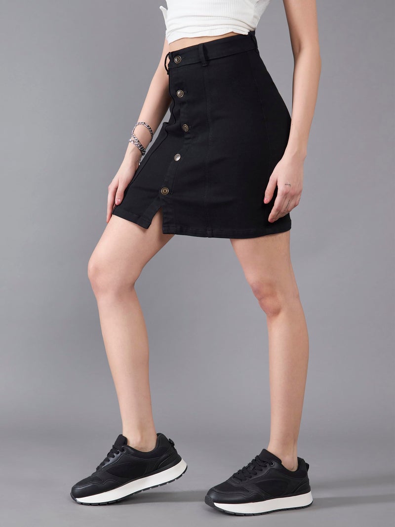 Miss Chase Women's Stretchable Solid A line Mini Denim Skirt (MCSS22DEN11-08-62-28, Black, 28) - Image 3