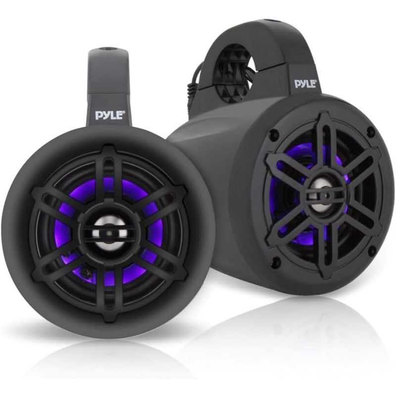 Waterproof Marine Wakeboard Tower Speakers - 4 Inch Dual Subwoofer Speaker Set w/ 300 Max Power Output - Boat Audio System w/Built-in LED Lights - Mounting Clamps Included - PLMRLEWB46B Black - Image 1