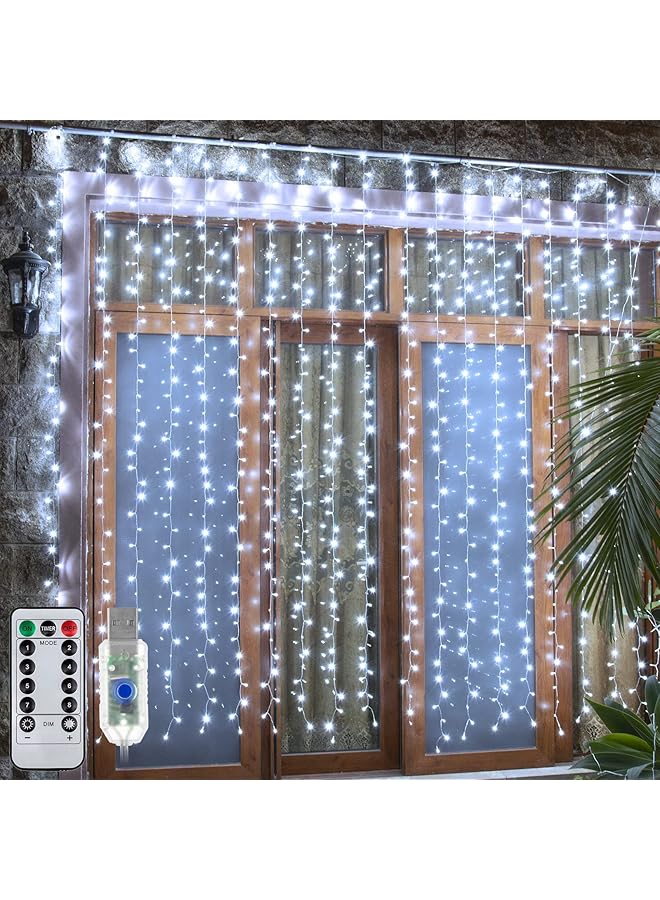The Bros أضواء الستائر، 300LED 3×3م أضواء خيط الستائر مع جهاز تحكم عن بعد، 8 أوضاع إضاءة قابلة للتعتيم مؤقت أضواء الستائر LED، أضواء خيالية تعمل بالطاقة عبر USB لتزيين غرفة النوم، الحفلات، الزفاف، المنزل - Image 1