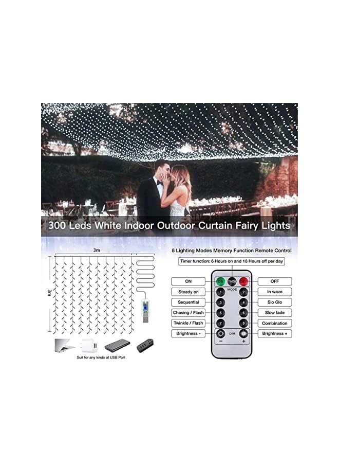 The Bros أضواء الستائر، 300LED 3×3م أضواء خيط الستائر مع جهاز تحكم عن بعد، 8 أوضاع إضاءة قابلة للتعتيم مؤقت أضواء الستائر LED، أضواء خيالية تعمل بالطاقة عبر USB لتزيين غرفة النوم، الحفلات، الزفاف، المنزل - Image 5