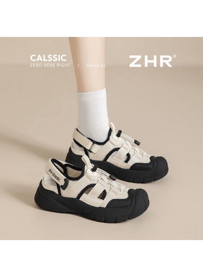 Zhr Women's Hollow Out Casual Shoes Lightweight Summer Shoes With Soft Sole Increase Height Outdoor Hiking Shoes Women Ks102 Beige Black Size 35 - Image 1