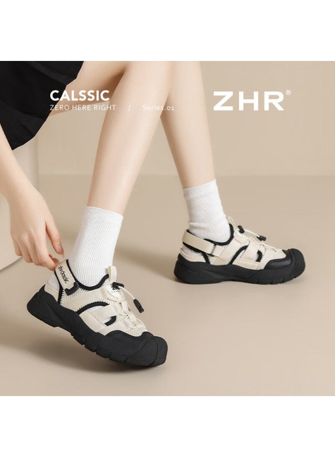 Zhr Women's Hollow Out Casual Shoes Lightweight Summer Shoes With Soft Sole Increase Height Outdoor Hiking Shoes Women Ks102 Beige Black Size 35 - Image 2