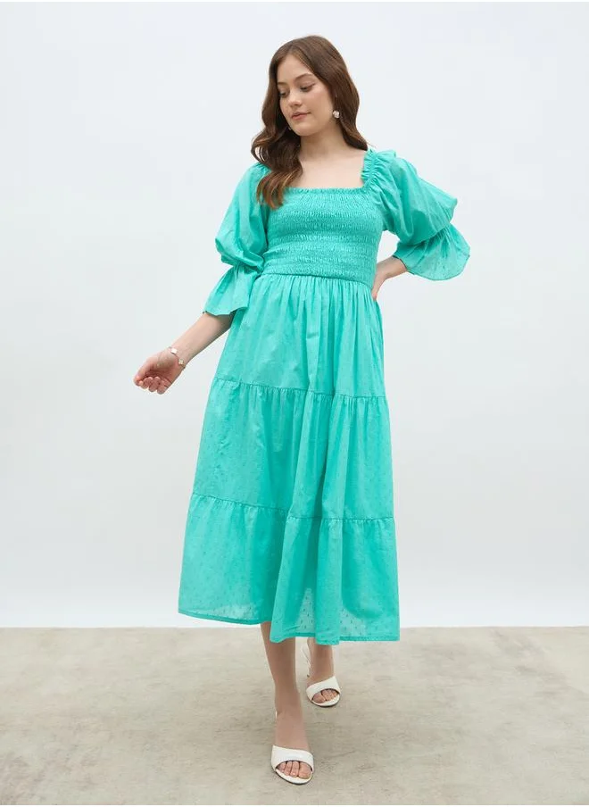 Styli Styli Smocked Detail Square Neck A-Line Midi Dress