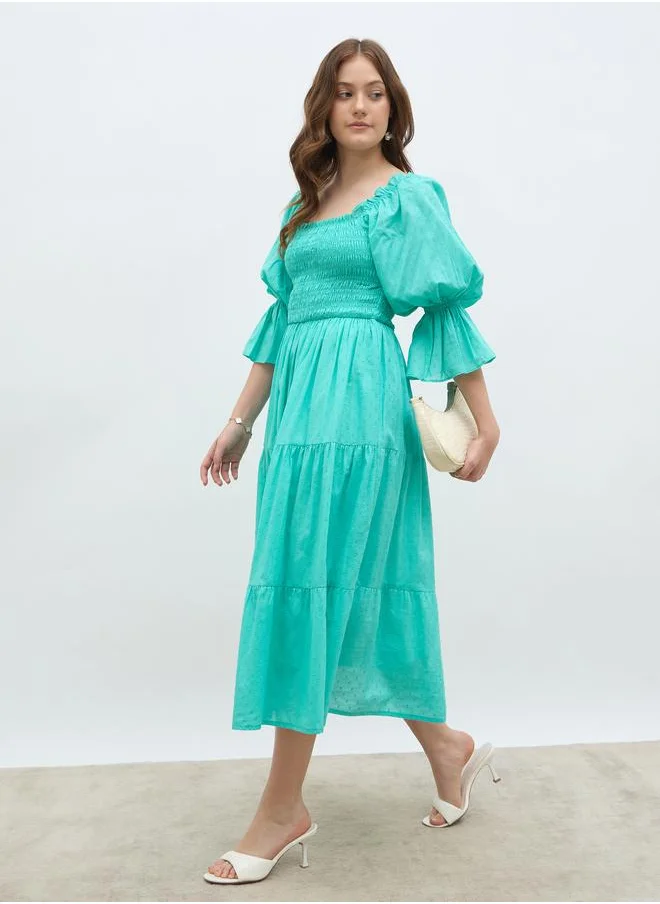 Styli Styli Smocked Detail Square Neck A-Line Midi Dress