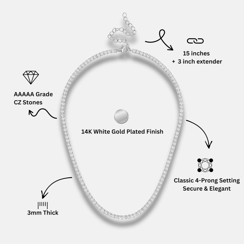 KISPER Tennis Necklace for Women 14K White Gold Plated 3mm Cubic Zirconia Diamond Chain Adjustable 15-18" 4-Prong Setting Classic - Image 3