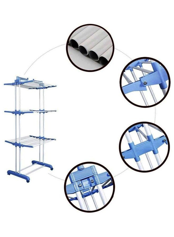 CATANES Stainless Steel Foldable Clothes Drying Rack 4-tier Clothes Airer with Caster Lockable Wheels and Folding Wings for Indoor and Outdoor Use / Blue Color - Image 3