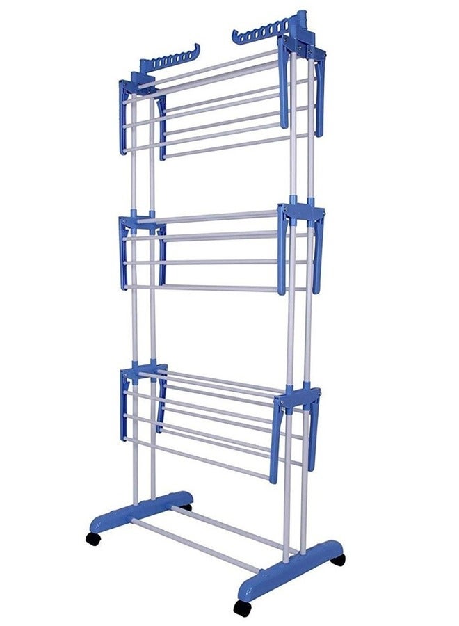CATANES Stainless Steel Foldable Clothes Drying Rack 4-tier Clothes Airer with Caster Lockable Wheels and Folding Wings for Indoor and Outdoor Use / Blue Color - Image 5