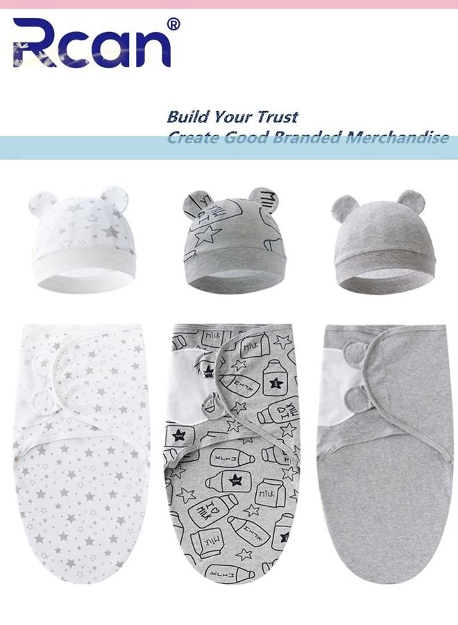 Rcan 3 PCS Baby Swaddle Blanket with Hat Set Cotton Newborn Swaddle Wrap Adjustable Wearable Swaddle Sleeping Bag Anti-Kicking Quilt Baby Wrap for 0-6 months Little Baby  - Image 1