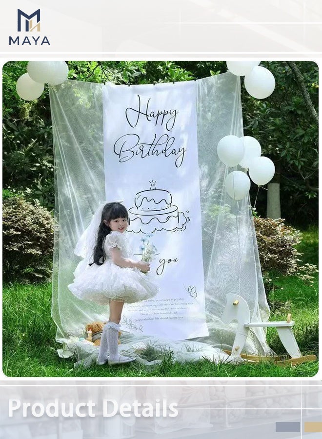 مايا خلفية "عيد ميلاد سعيد" مع ستارة بيضاء شفافة؛ طقم زينة عيد ميلاد مكون من 18 قطعة، يشمل لافتة من الفينيل (67 × 200 سم)، وقطعة قماش شبكية بطول 4 أمتار، و10 بالونات، ومشابك، وشريط؛ مناسبة لحفلات الحدائق الخارجية. - Image 3