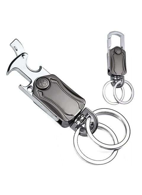 Generic Multifunctional Keychain with Bottle Opener 360Degree Rotation Metal Construction Dual Rings Silver and Black