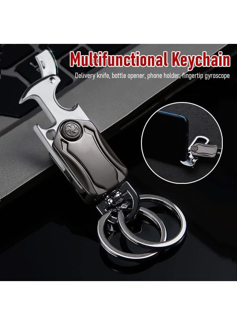 Generic - Generic Multifunctional Keychain with Bottle Opener 360Degree Rotation Metal Construction Dual Rings Silver and Black - Image 1