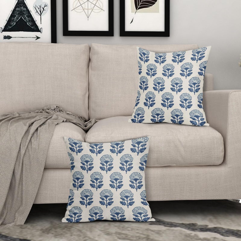 Aytipun Blue Floral Block Print Pillow Covers 18x18 Set of 2 Flower Pattern Cream Decorative Throw Pillowcases Outdoor Rustic Farmhouse Cushion Cases Decor for Home Couch Sofa Bed - Image 3