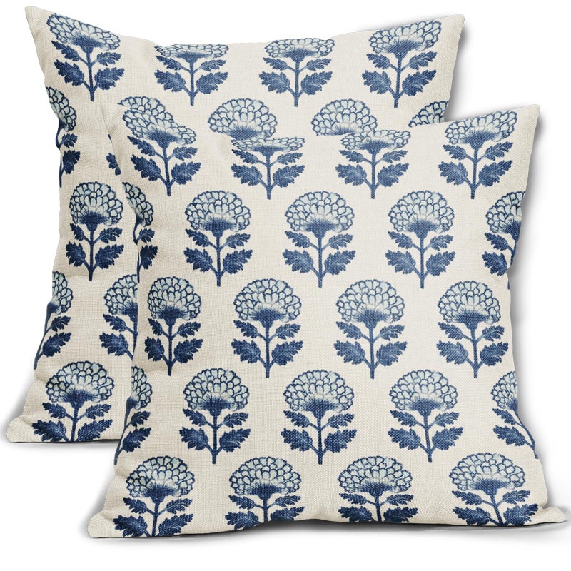 Aytipun Blue Floral Block Print Pillow Covers 18x18 Set of 2 Flower Pattern Cream Decorative Throw Pillowcases Outdoor Rustic Farmhouse Cushion Cases Decor for Home Couch Sofa Bed - Image 1