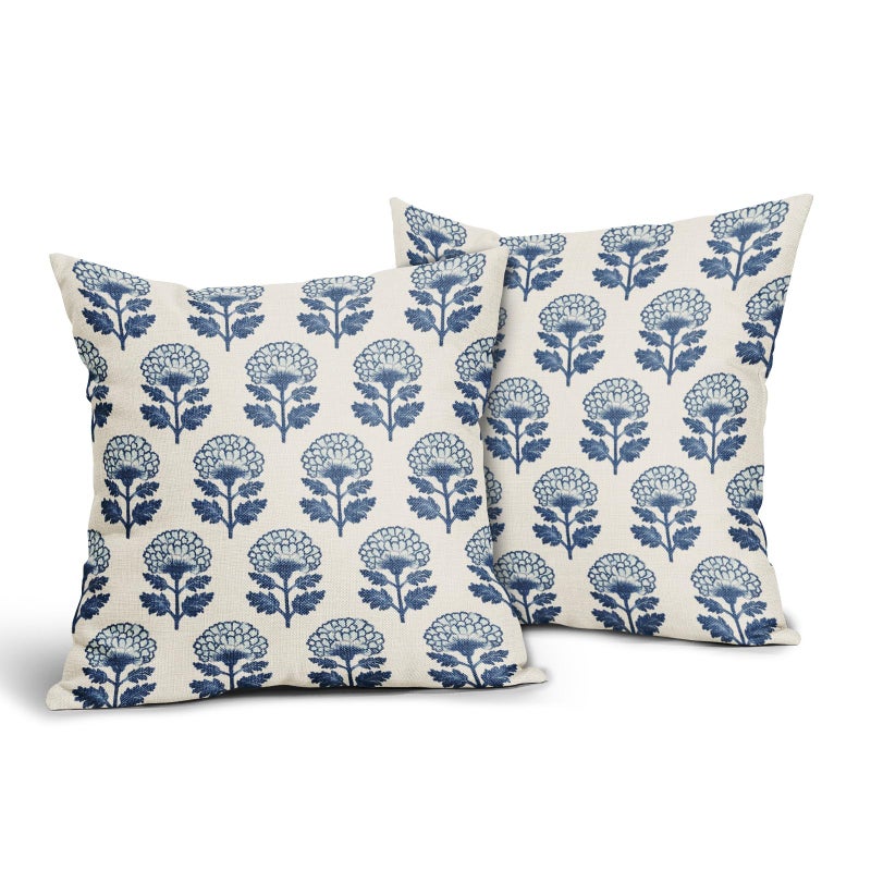 Aytipun Blue Floral Block Print Pillow Covers 18x18 Set of 2 Flower Pattern Cream Decorative Throw Pillowcases Outdoor Rustic Farmhouse Cushion Cases Decor for Home Couch Sofa Bed - Image 2
