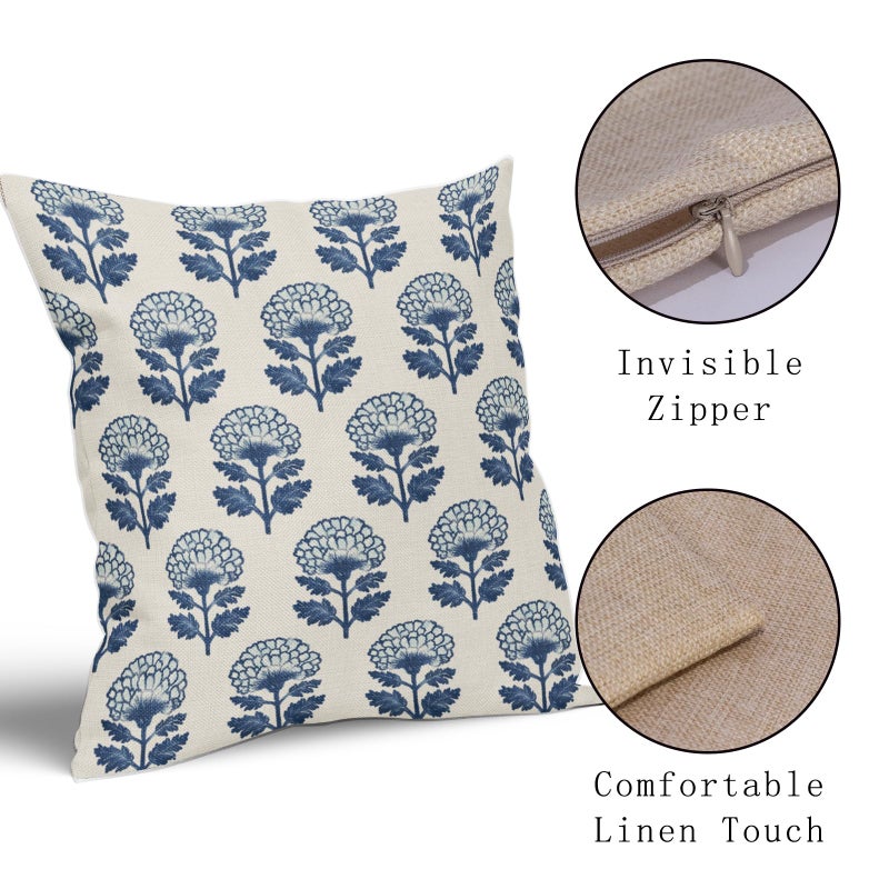 Aytipun Blue Floral Block Print Pillow Covers 18x18 Set of 2 Flower Pattern Cream Decorative Throw Pillowcases Outdoor Rustic Farmhouse Cushion Cases Decor for Home Couch Sofa Bed - Image 4