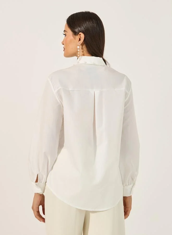 Styli Faux Pearl Embellished Spread Collar Shirt