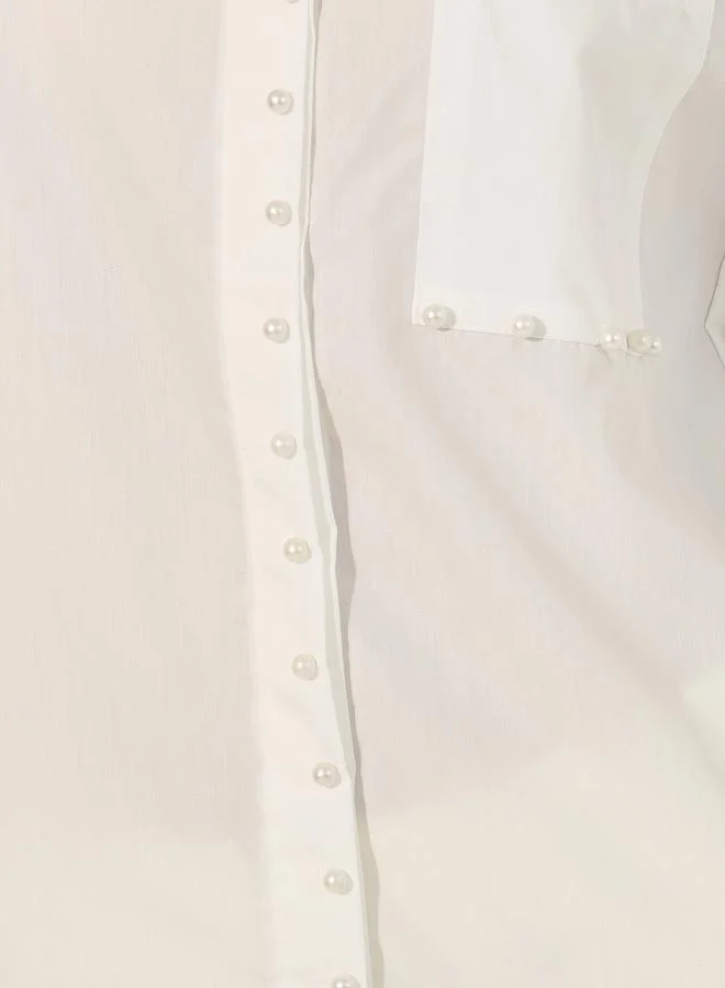 Styli Faux Pearl Embellished Spread Collar Shirt