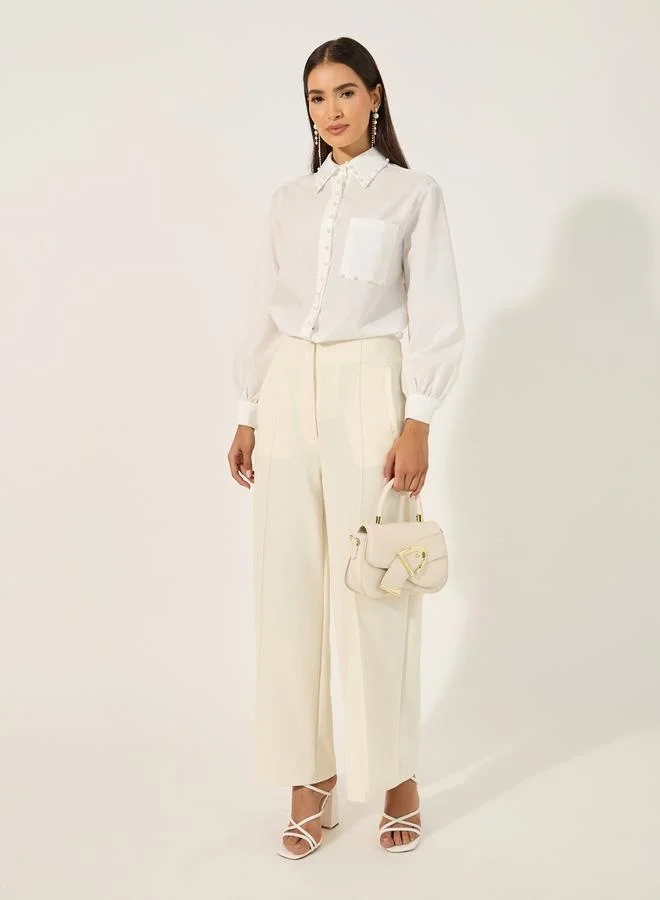 Styli Faux Pearl Embellished Spread Collar Shirt