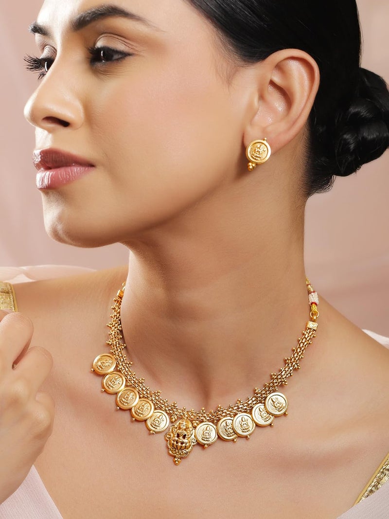 Rubans Gold Plated Choker Set Traditional Temple Jewellery Lakshmi Coin Motif Gift for Women & Girls - Image 2