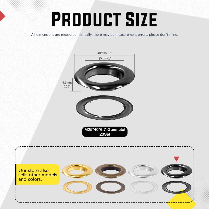 Hilitchi 40Pcs 1 Inch - 25mm Gun-Black Thicken Grommet Eyelets Metal Eyelets with Washers Assortment Kit, Hole Self Backing Eyelet for Bead Cores, Clothes, Leather, Canvas - Image 2