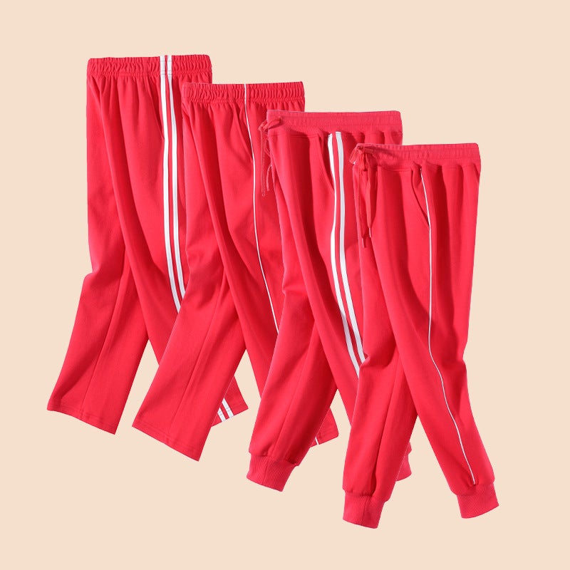 Red School Uniform Pants For Primary And Secondary School Students, One Stripes, Spring Thin Straight Red School Uniform Pants, One Stripes, White Thin Lines - Image 4