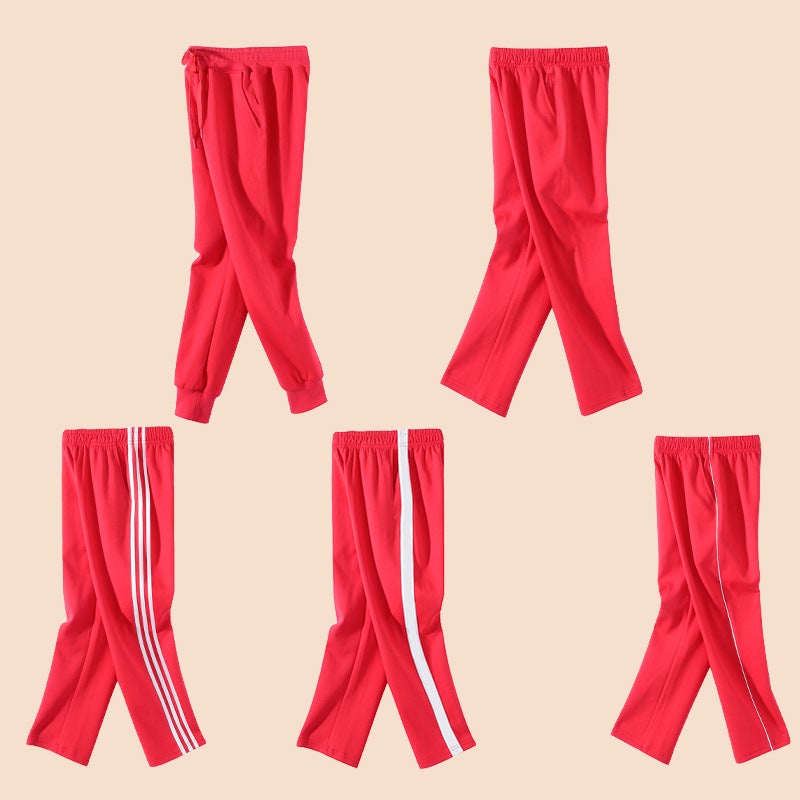 Red School Uniform Pants For Primary And Secondary School Students, One Stripes, Spring Thin Straight Red School Uniform Pants, One Stripes, White Thin Lines - Image 3