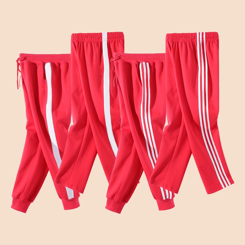 Red School Uniform Pants For Primary And Secondary School Students, One Stripes, Spring Thin Straight Red School Uniform Pants, One Stripes, White Thin Lines - Image 5
