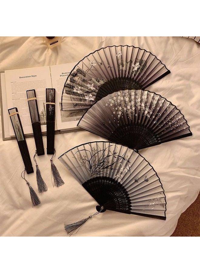 Antique Small Fan Folding Fan Chinese Style Men's And Women's Hanfu Dance Folding Horse Face Dress Chinese Style Ancient Suit Black Bamboo Fan-Specifications:No Specifications-Color:Orchid-1 Handful - Image 2
