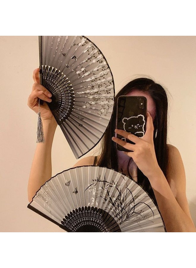 Antique Small Fan Folding Fan Chinese Style Men's And Women's Hanfu Dance Folding Horse Face Dress Chinese Style Ancient Suit Black Bamboo Fan-Specifications:No Specifications-Color:Orchid-1 Handful - Image 4