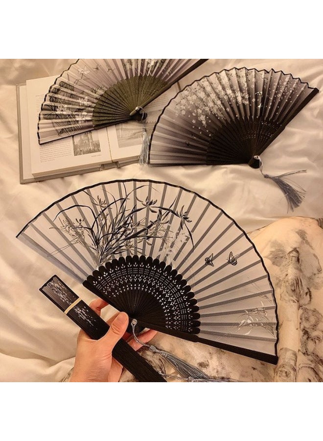 Antique Small Fan Folding Fan Chinese Style Men's And Women's Hanfu Dance Folding Horse Face Dress Chinese Style Ancient Suit Black Bamboo Fan-Specifications:No Specifications-Color:Orchid-1 Handful - Image 3