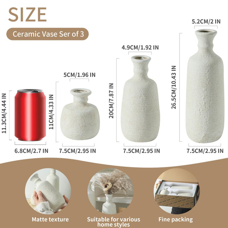 ooit Ceramic Vase Set of 3, Neutral Rustic Vases Home Decor Farmhouse Decorative Vase Whitewashed Pottery Decor Boho Modern for Table Mantel Entryway Bookshelf Living Room Kitchen Bathroom Bedroom - White - Image 2