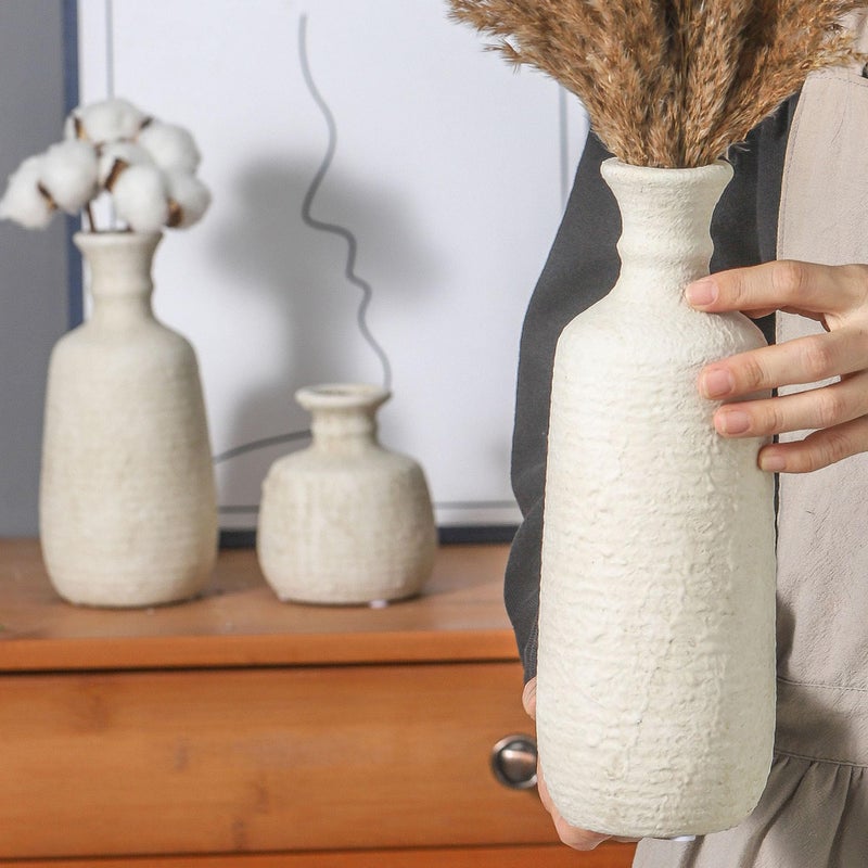 ooit Ceramic Vase Set of 3, Neutral Rustic Vases Home Decor Farmhouse Decorative Vase Whitewashed Pottery Decor Boho Modern for Table Mantel Entryway Bookshelf Living Room Kitchen Bathroom Bedroom - White - Image 3