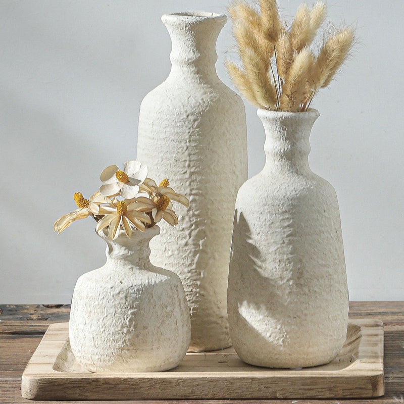 ooit Ceramic Vase Set of 3, Neutral Rustic Vases Home Decor Farmhouse Decorative Vase Whitewashed Pottery Decor Boho Modern for Table Mantel Entryway Bookshelf Living Room Kitchen Bathroom Bedroom - White - Image 1