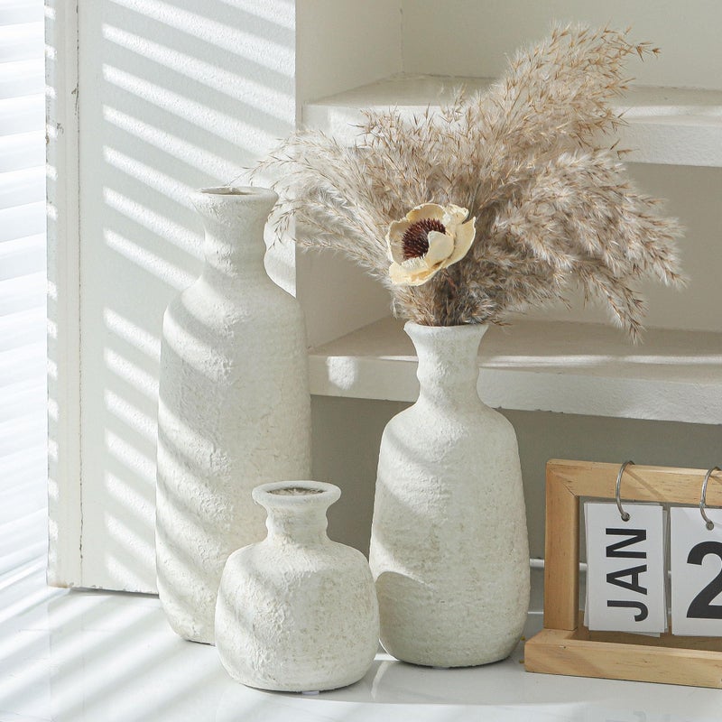 ooit Ceramic Vase Set of 3, Neutral Rustic Vases Home Decor Farmhouse Decorative Vase Whitewashed Pottery Decor Boho Modern for Table Mantel Entryway Bookshelf Living Room Kitchen Bathroom Bedroom - White - Image 5