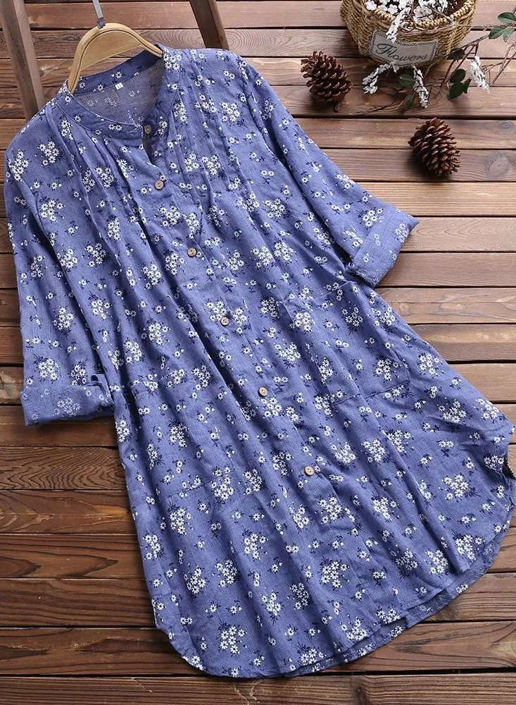 Loquat Women's Spring And Autumn long-sleeved Pleated Floral Print Fashion Temperament Stand-up Collar Shirt 